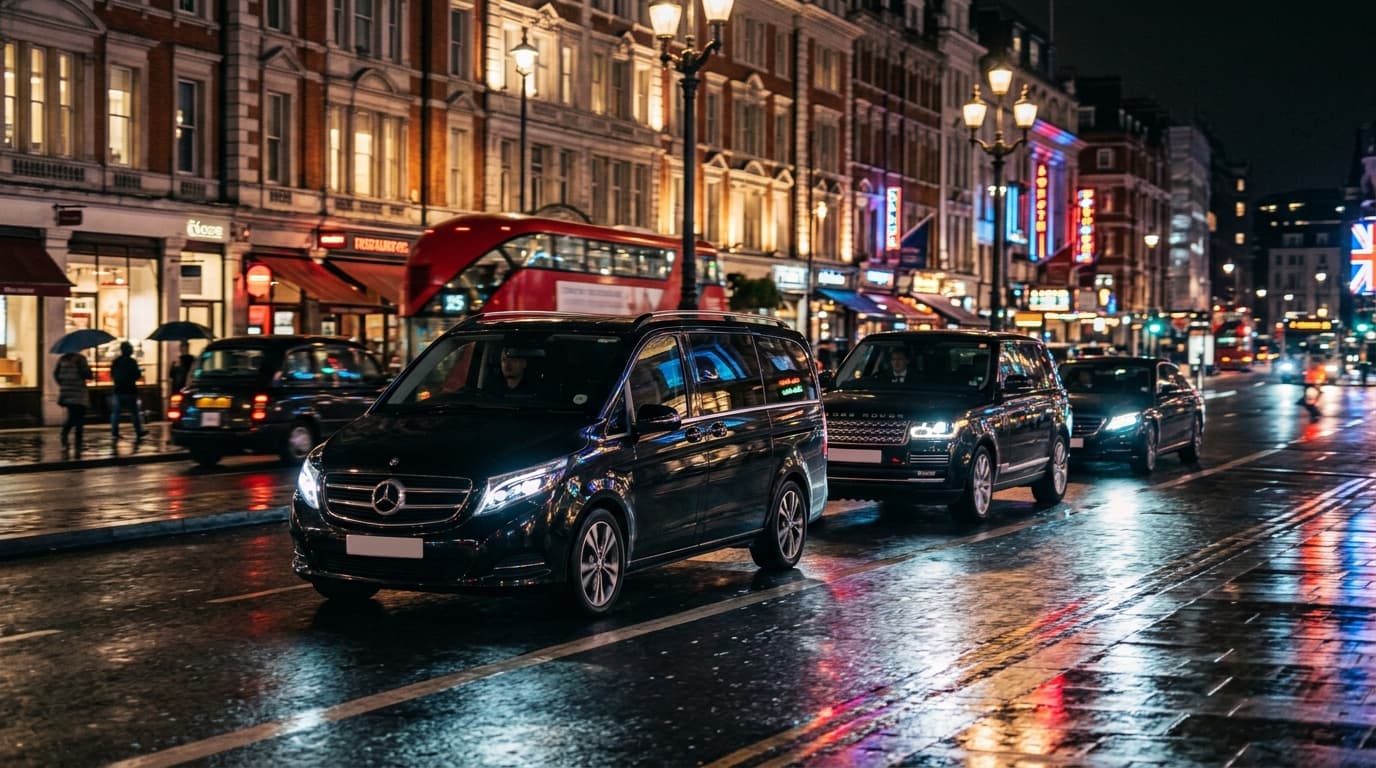 Convoy of black Mercedes executive vehicles driving in London at night