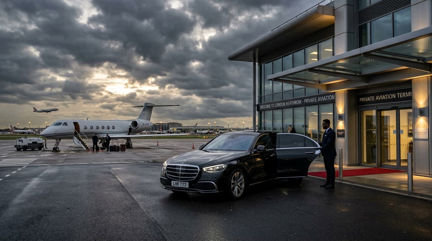Polished black luxury Mercedes waiting at a modern private aviation terminal at London Heathrow
