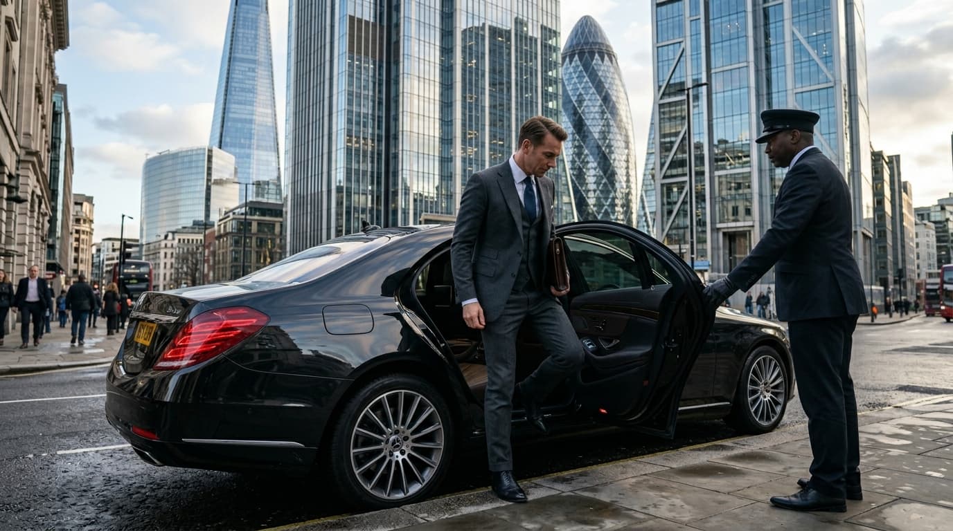 Corporate executive getting into a luxury black chauffeur car in London financial district