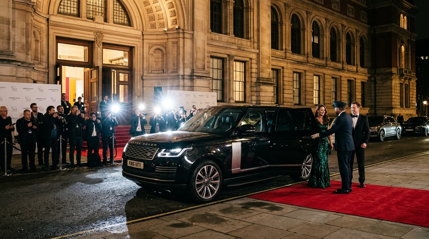 Stylish executive arriving at a high-profile London gala in a black luxury chauffeur car
