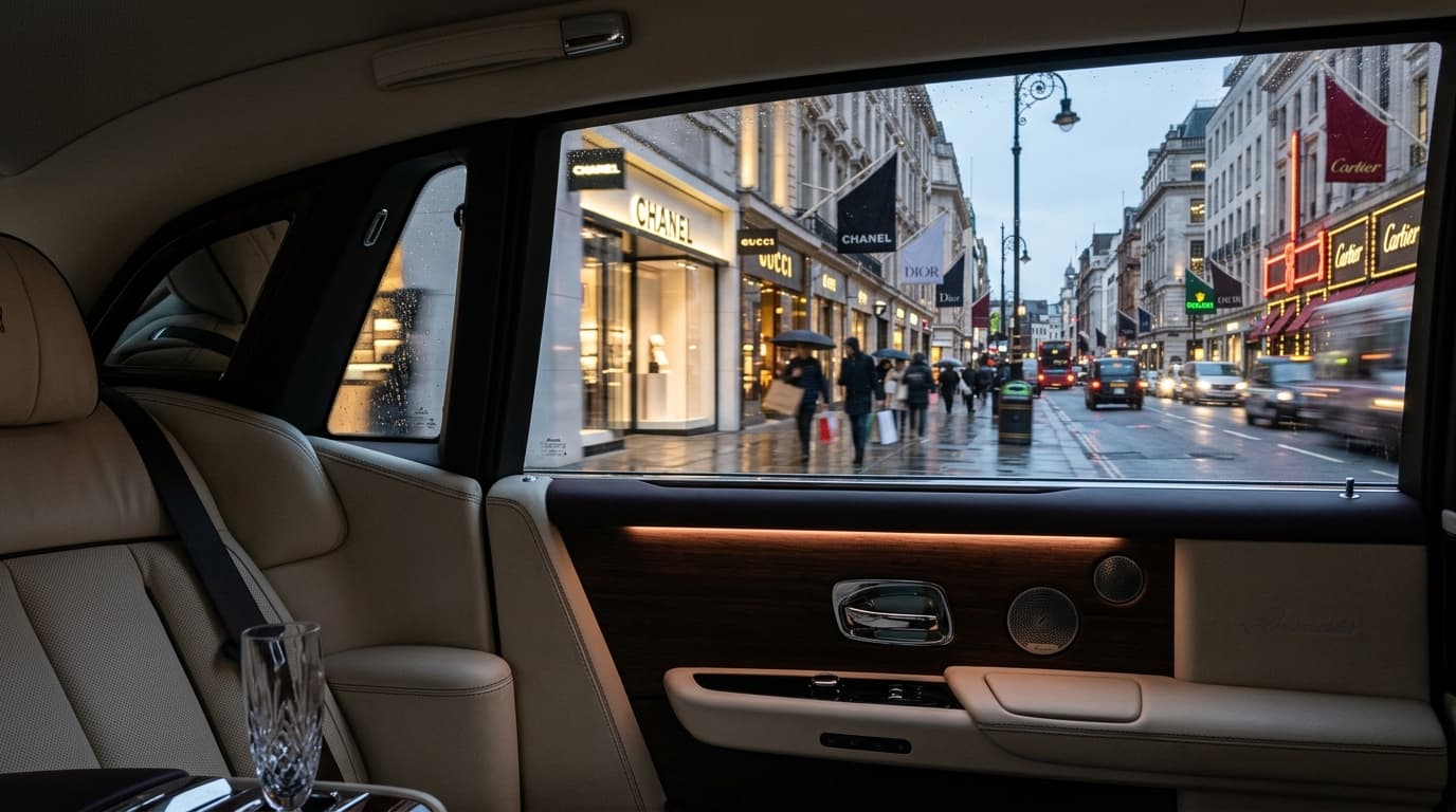 View from the back seat of an ultra-luxurious car driving past Bond Street boutiques in London