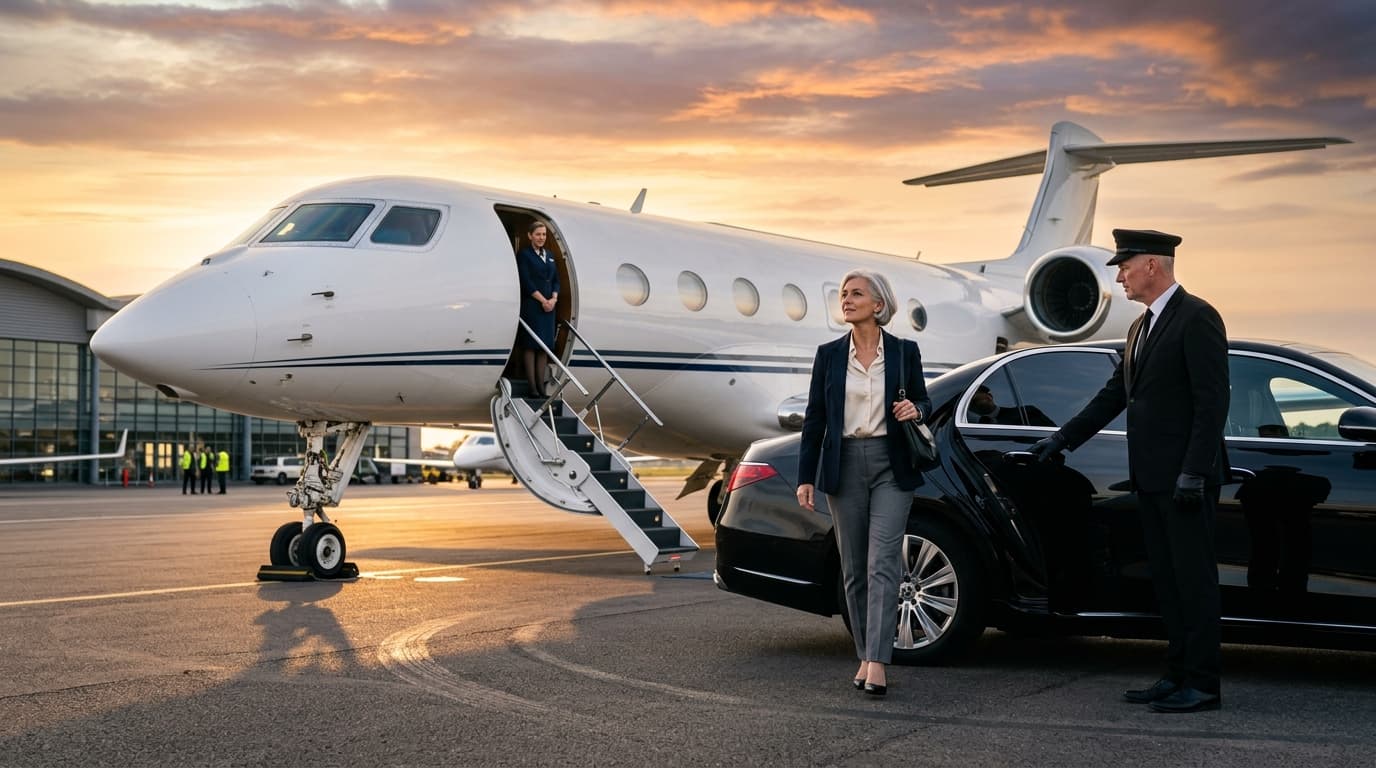 Private jet on tarmac with sleek black Mercedes S-Class and chauffeur